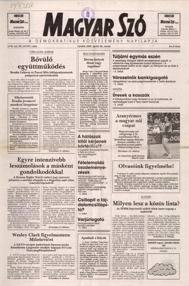 Magyar Szó, 57. évf. 2000. április 26. 98. sz. 1–16. oldal