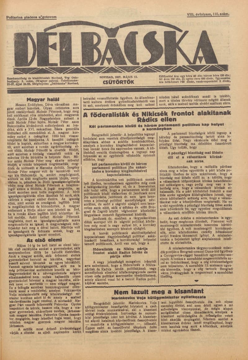Délbácska, 8. évf. 1927. május 12. 110. sz.