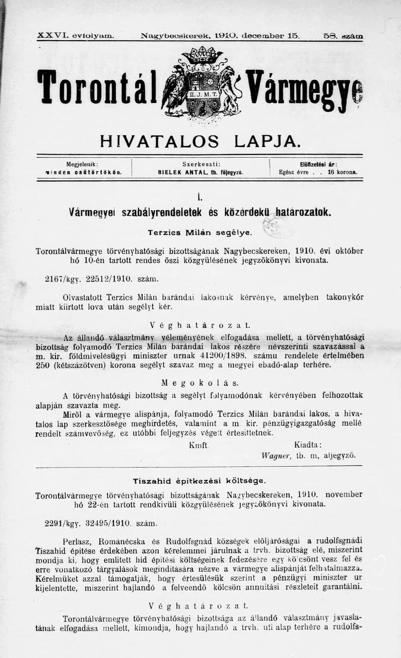 Torontál Vármegye Hivatalos Lapja, 26. évf. 1910. december 15. 58. sz.