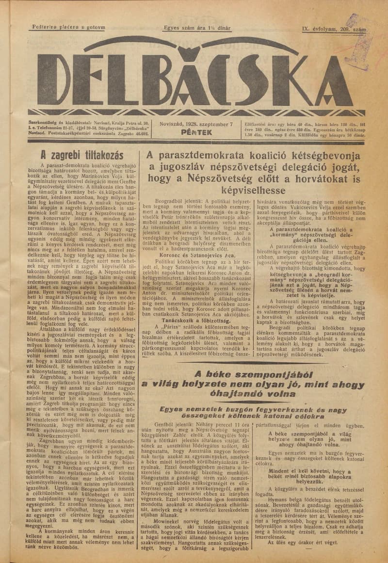 Délbácska, 9. évf. 1928. szeptember 7. 209. sz.