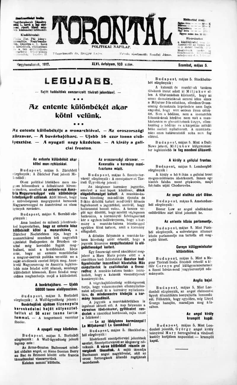Torontál, 46. évf. 1917. május 5. 103. sz.