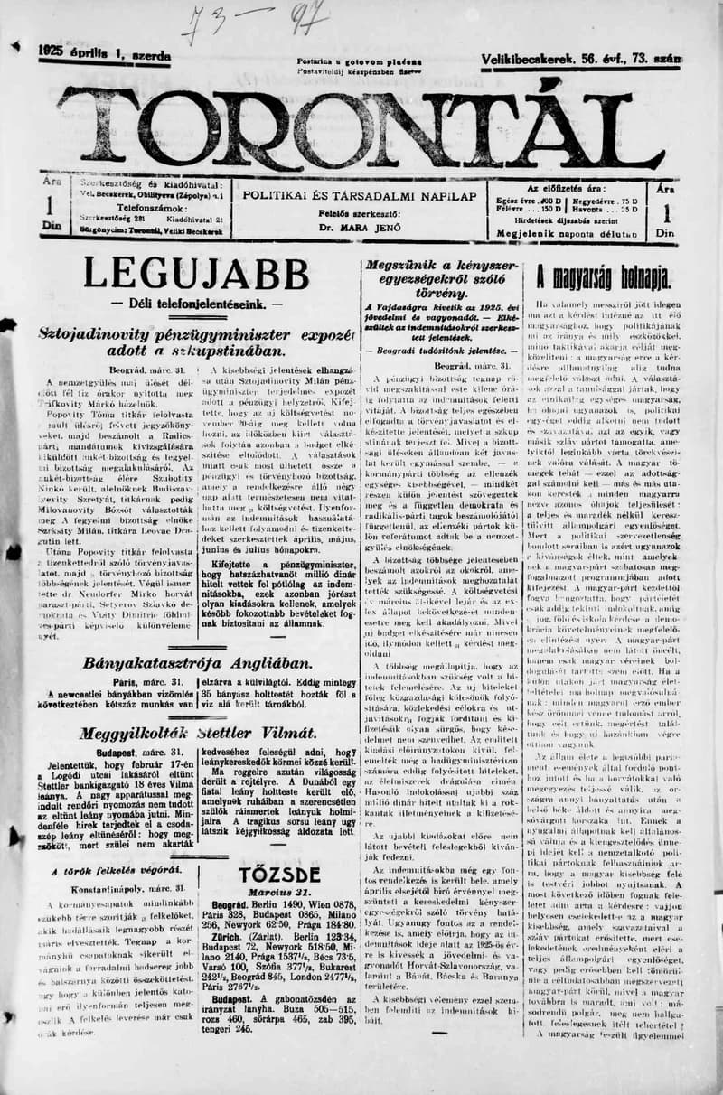 Torontál, 54. évf. 1925. április 1. 73. sz.