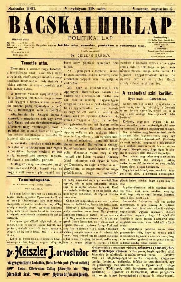 Bácskai Hirlap, 5. évf. 1901. augusztus 4. 118. sz.