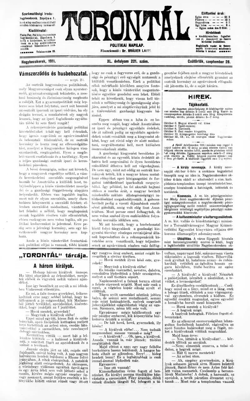 Torontál, 40. évf. 1911. szeptember 28. 221. sz.