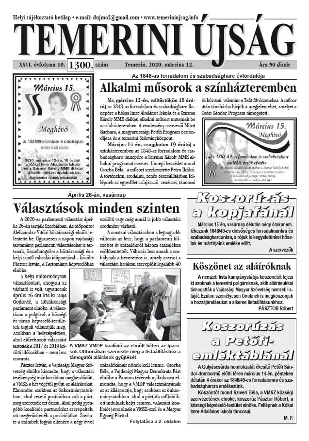Temerini Újság, 26. évf. 2020. március 12. 10. sz.