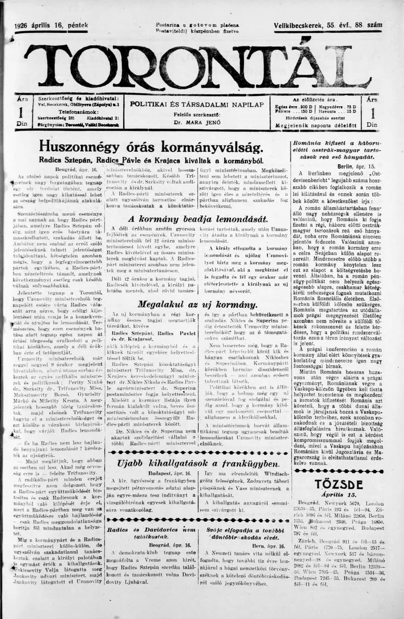 Torontál, 55. évf. 1926. április 16. 88. sz.
