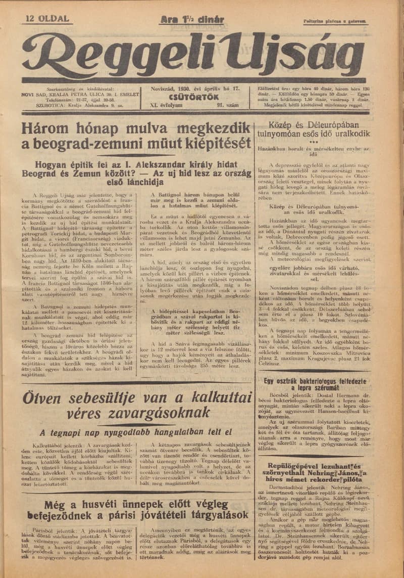 Reggeli Újság, 11. évf. 1930. április 17. 91. sz.