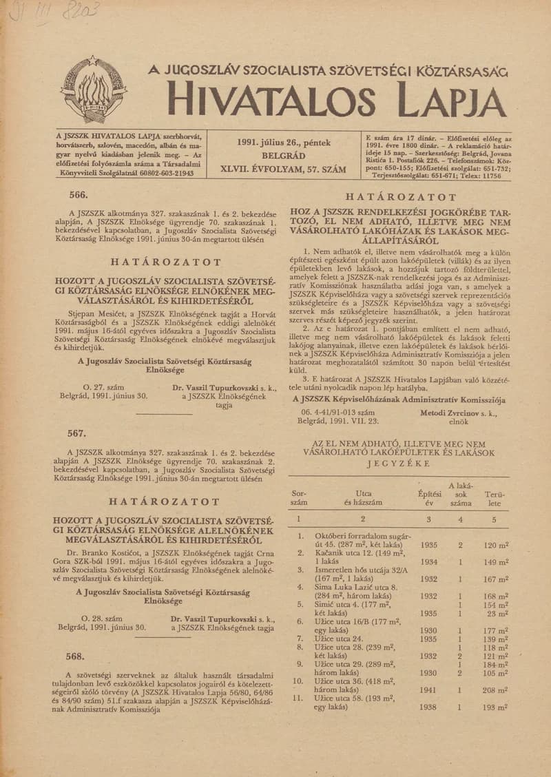 A Jugoszláv Szocialista Szövetségi Köztársaság Hivatalos Lapja, 47. évf. 1991. július 26. 57. sz. 873–892. oldal