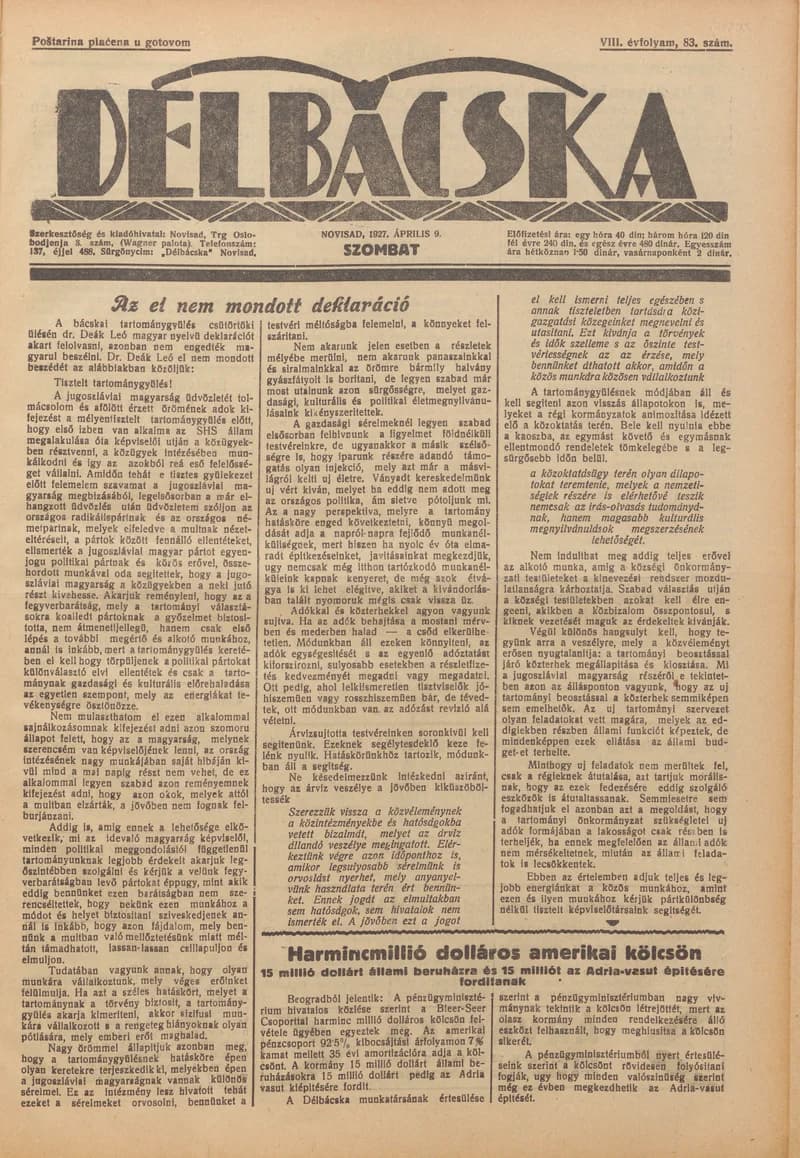 Délbácska, 8. évf. 1927. április 9. 83. sz.