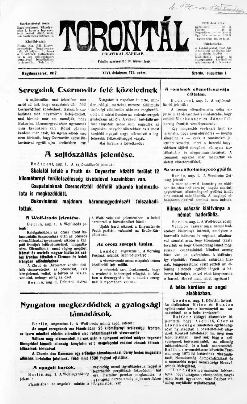 Torontál, 46. évf. 1917. augusztus 1. 174. sz.