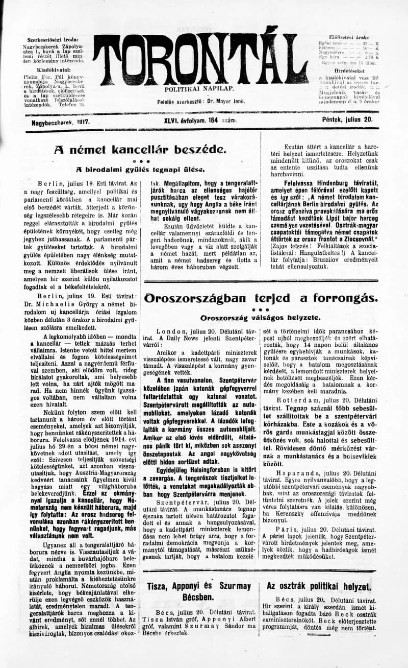 Torontál, 46. évf. 1917. július 20. 164. sz.