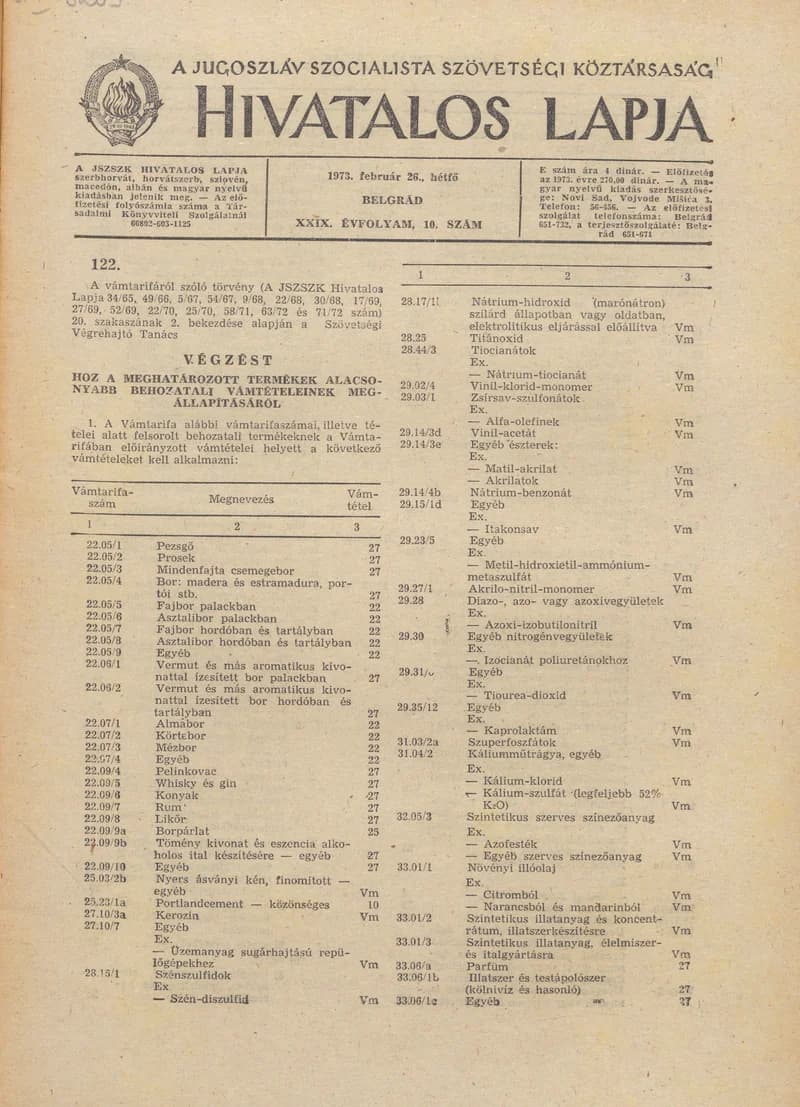 A Jugoszláv Szocialista Szövetségi Köztársaság Hivatalos Lapja, 29. évf. 1973. február 26. 10. sz. 213–244. oldal