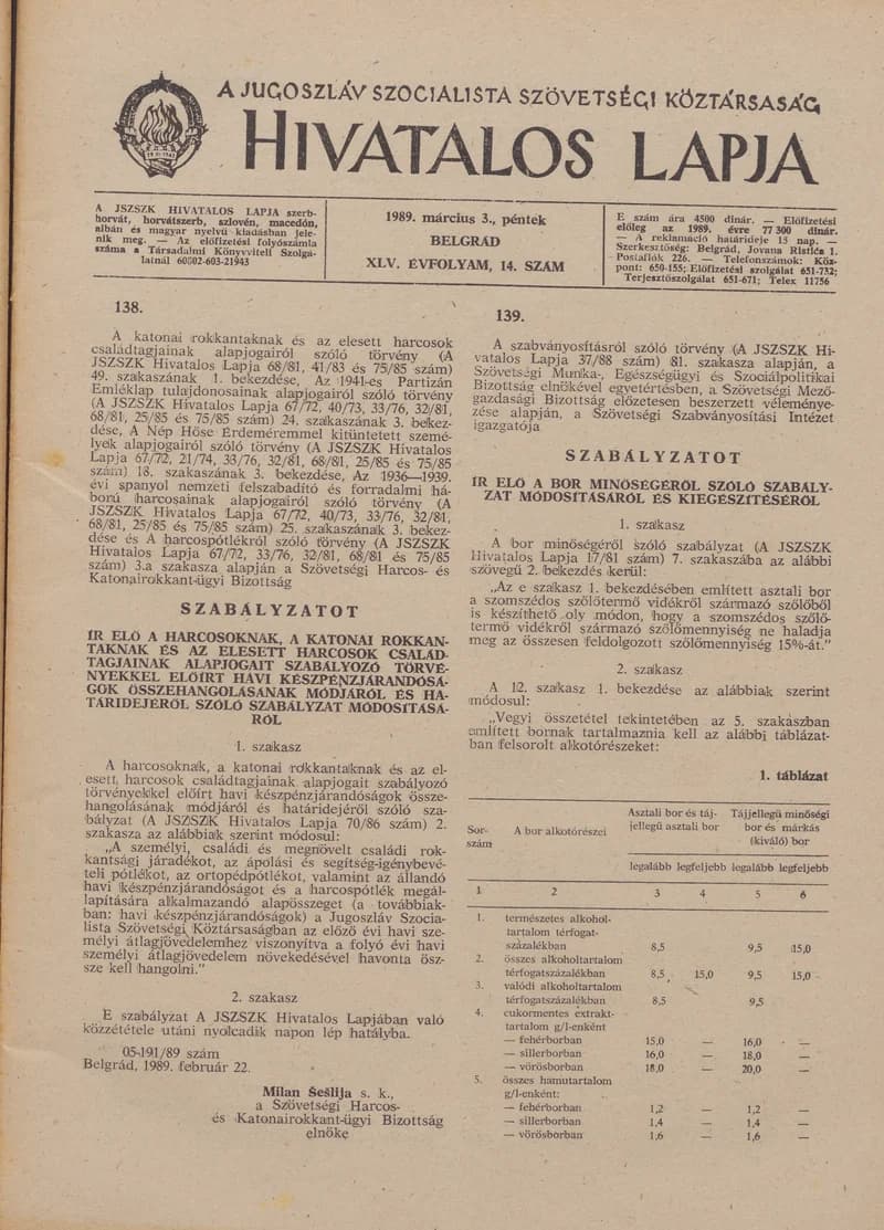 A Jugoszláv Szocialista Szövetségi Köztársaság Hivatalos Lapja, 45. évf. 1989. március 3. 14. sz. 333–380. oldal