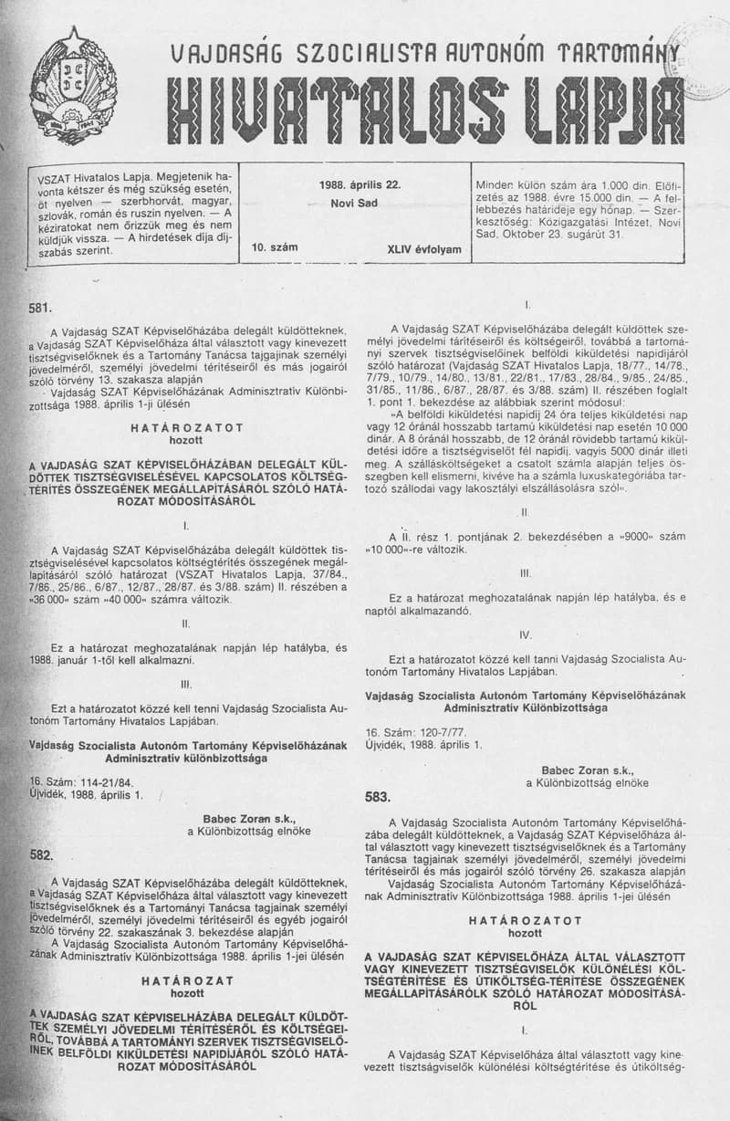 Vajdaság Szocialista Autonóm Tartomány Hivatalos Lapja, 44. évf. 1988. április 22. 10. sz.