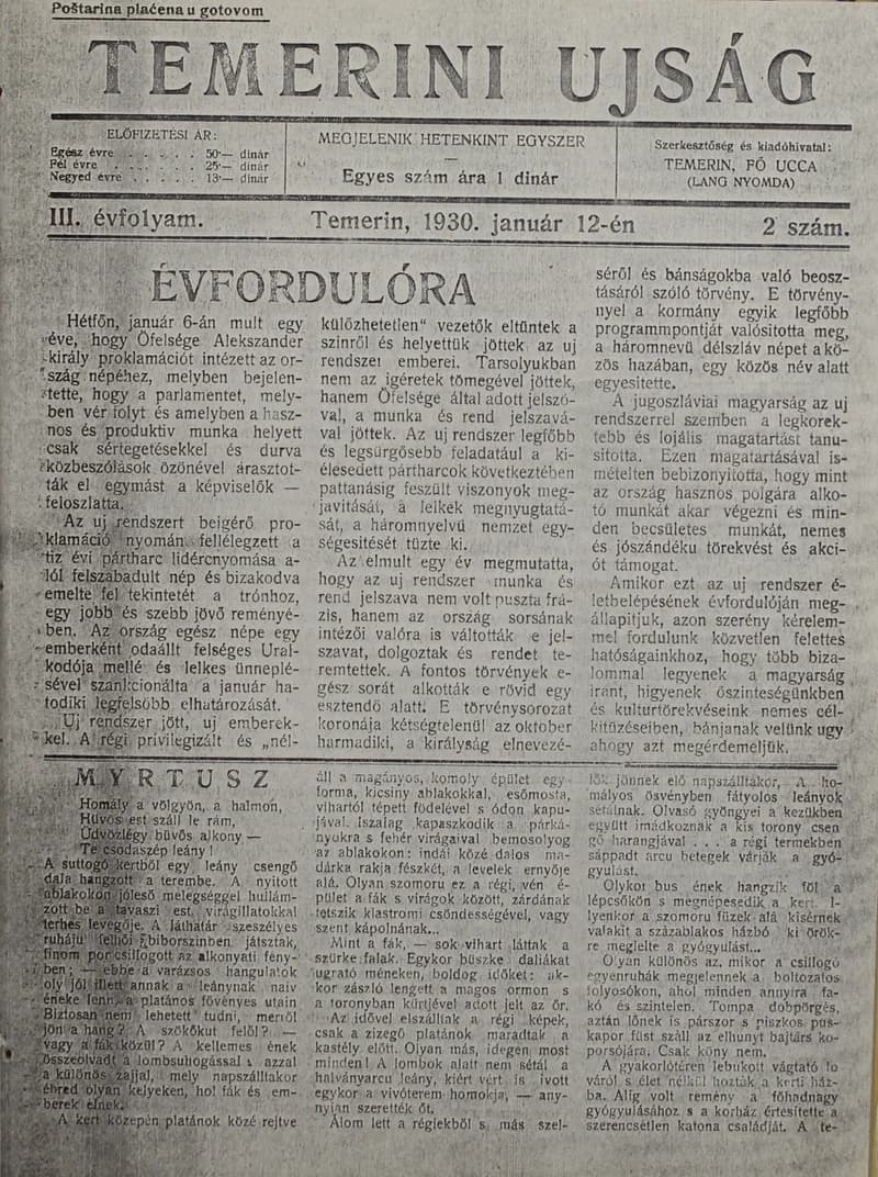 Temerini Újság 1928-1944, 3. évf. 1930. január 12. 2. sz.