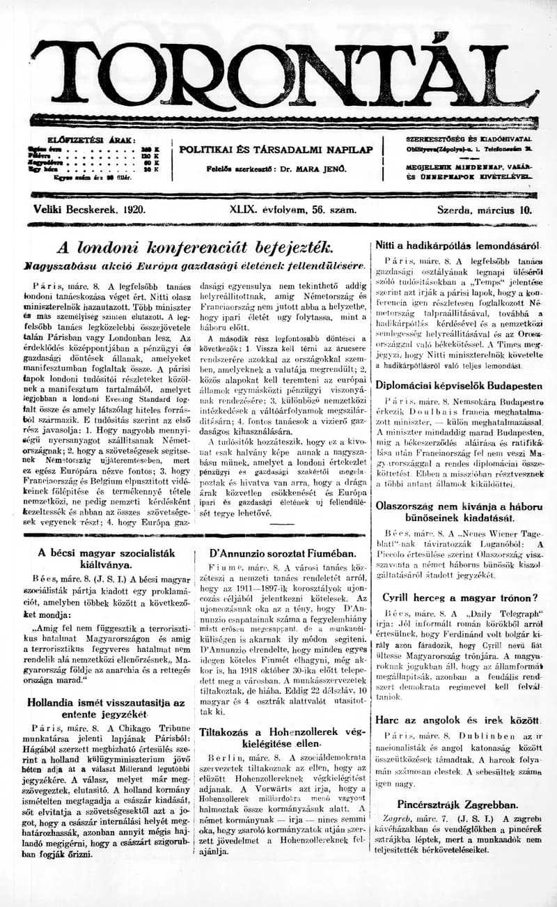 Torontál, 49. évf. 1920. március 10. 56. sz.