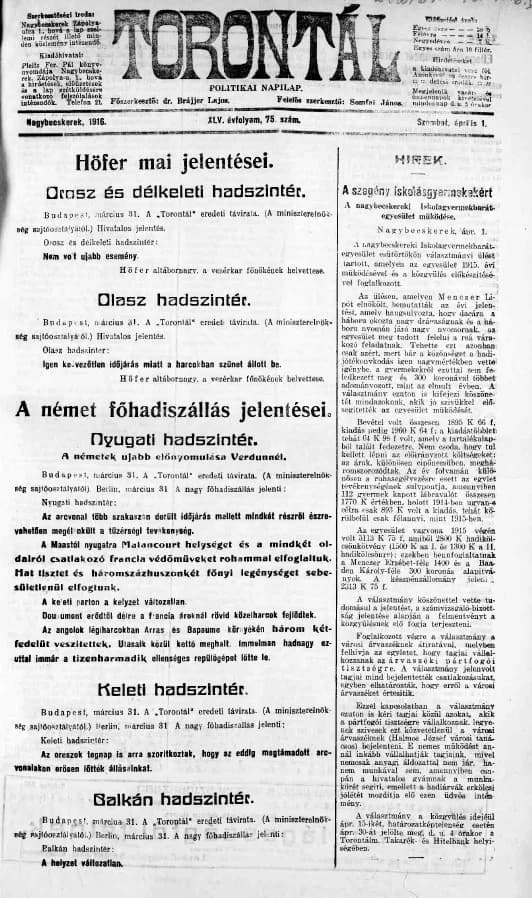 Torontál, 45. évf. 1916. április 1. 75. sz.