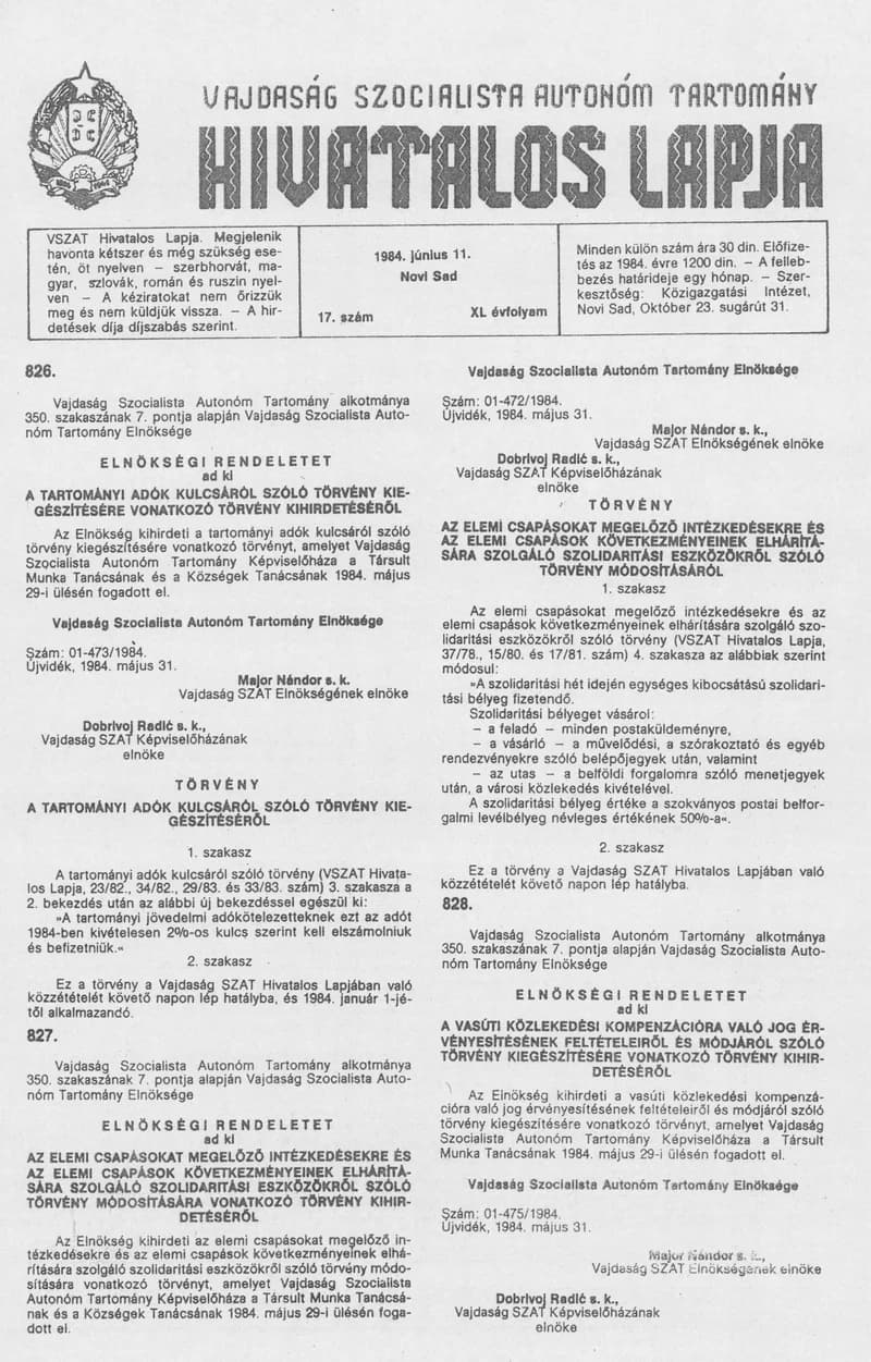 Vajdaság Szocialista Autonóm Tartomány Hivatalos Lapja, 40. évf. 1984. június 11. 17. sz.
