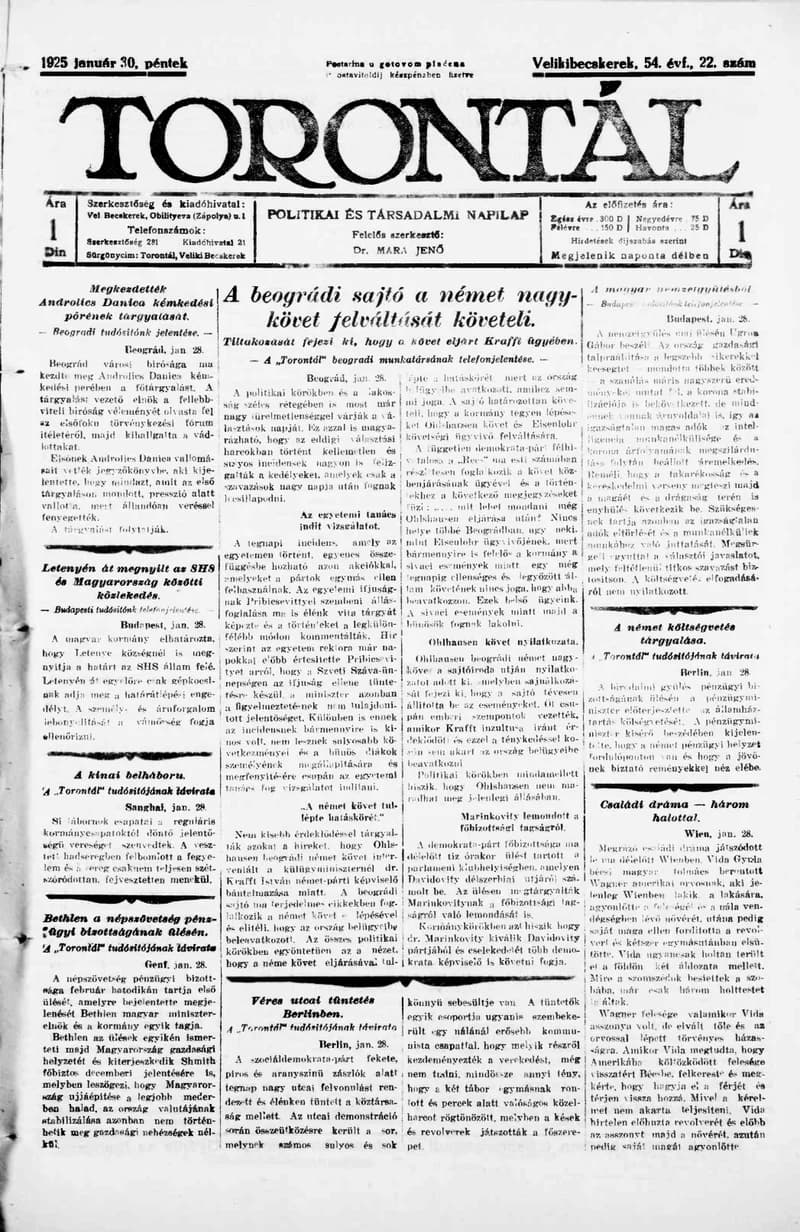 Torontál, 54. évf. 1925. január 30. 22. sz.