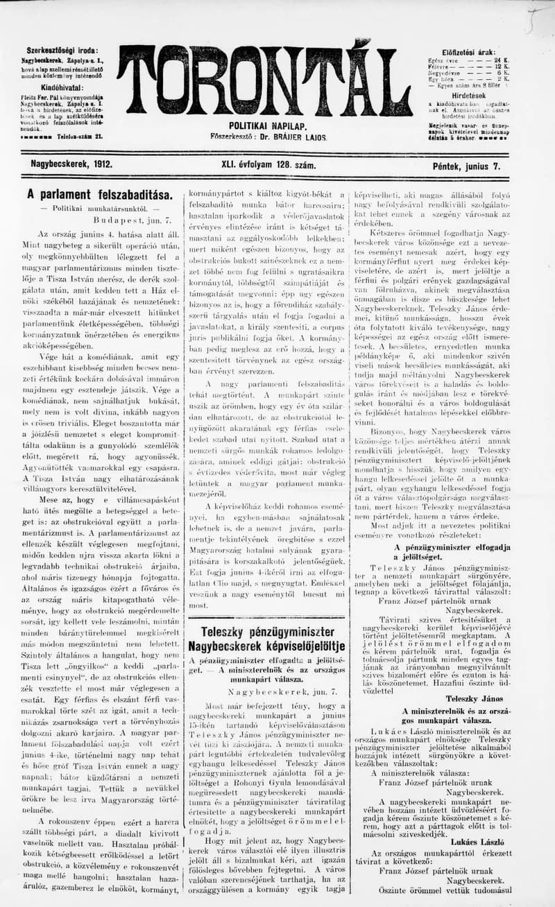 Torontál, 41. évf. 1912. június 7. 128. sz.