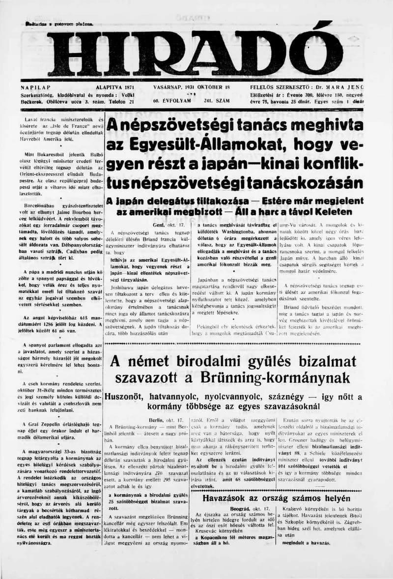 Híradó, 60. évf. 1931. október 18. 241. sz.
