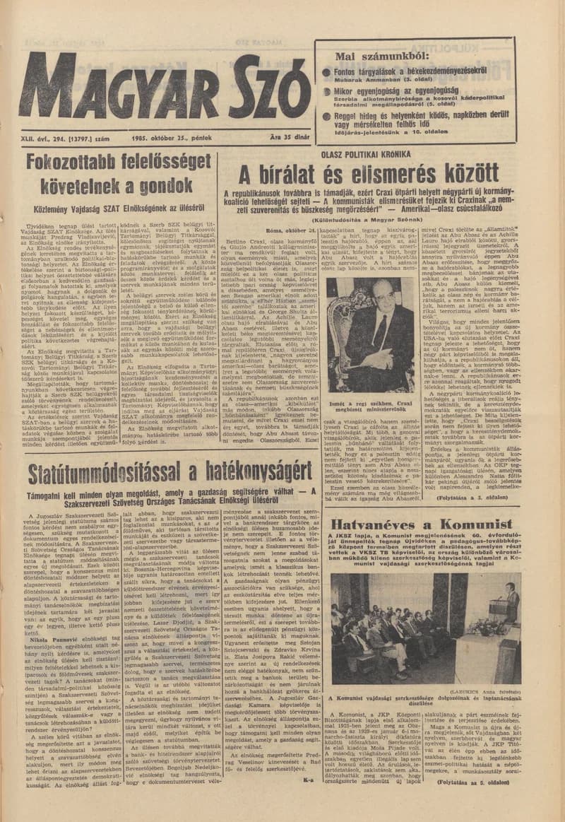 Magyar Szó, 42. évf. 1985. október 25. 294. sz. 1–20. oldal