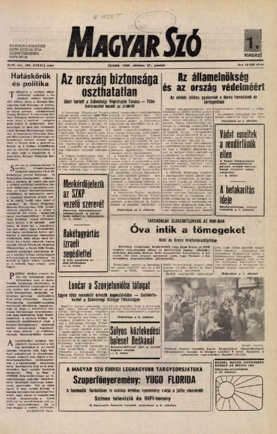 Magyar Szó, 46. évf. 1989. október 27. 195. sz. 1–20. oldal