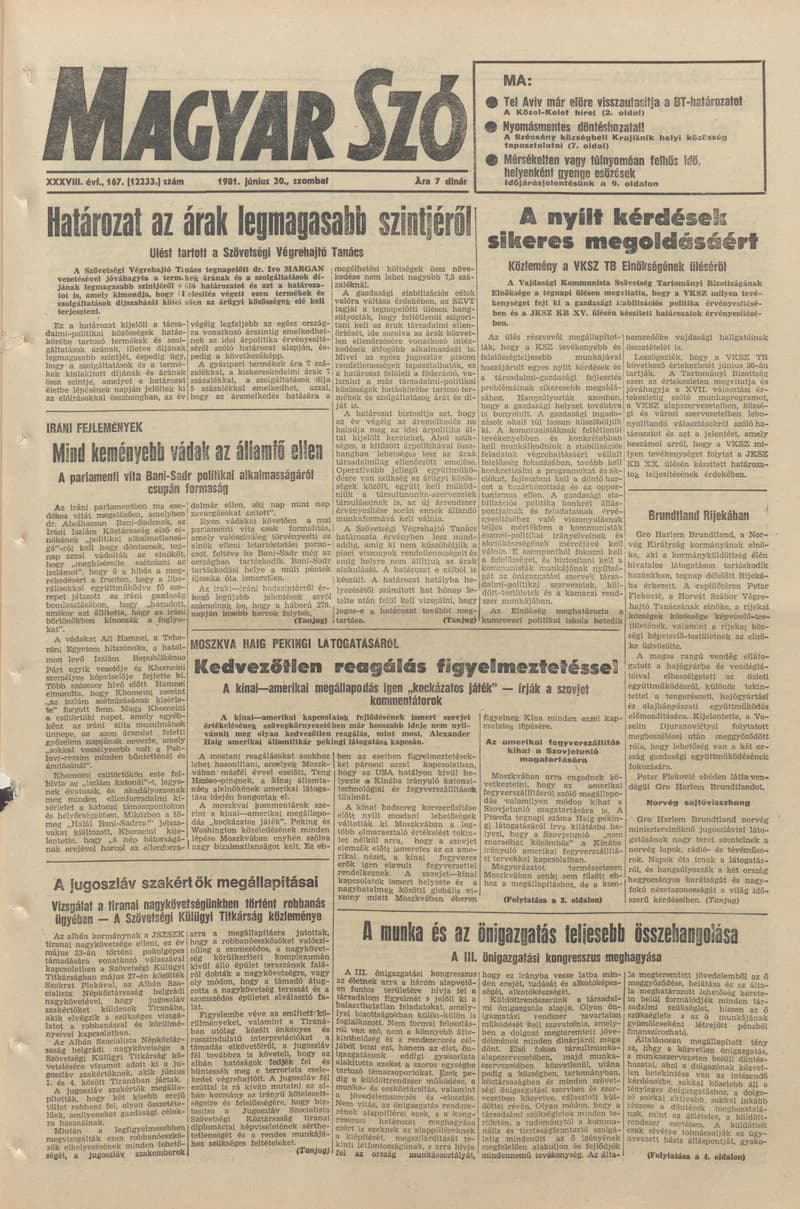 Magyar Szó, 38. évf. 1981. június 20. 167. sz.