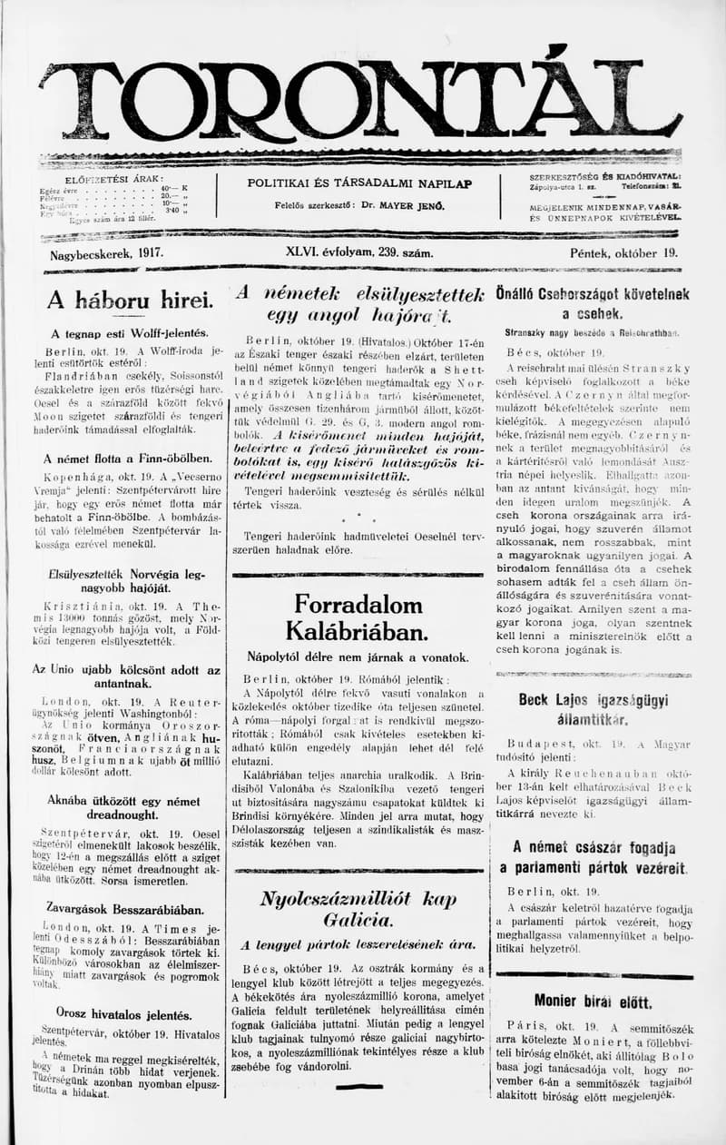 Torontál, 46. évf. 1917. október 19. 239. sz.