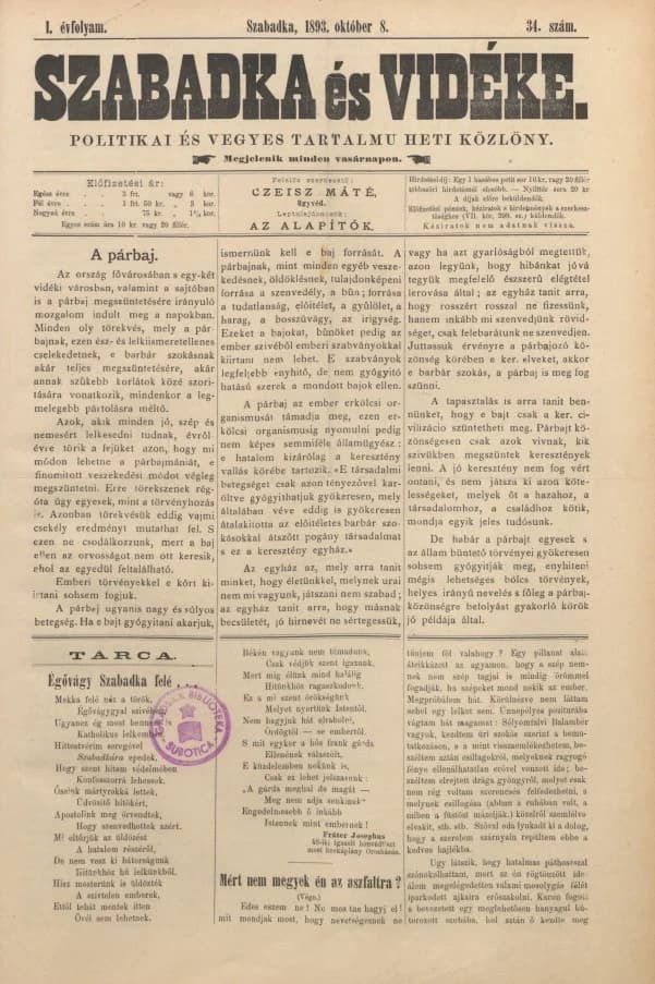 Szabadka és vidéke II, 1. évf. 1893. október 8. 34. sz.