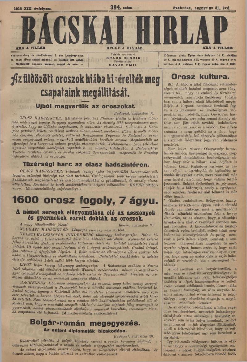Bácskai Hirlap, 19. évf. 1915. augusztus 31. 394. sz.