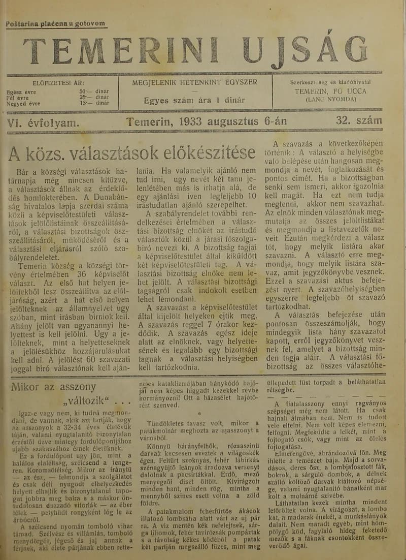 Temerini Újság 1928-1944, 6. évf. 1933. augusztus 6. 32. sz.