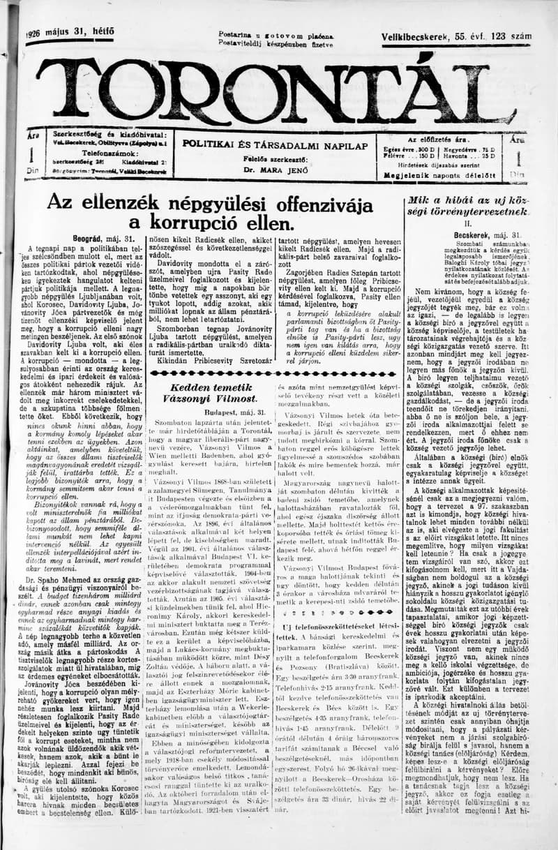Torontál, 55. évf. 1926. május 31. 123. sz.