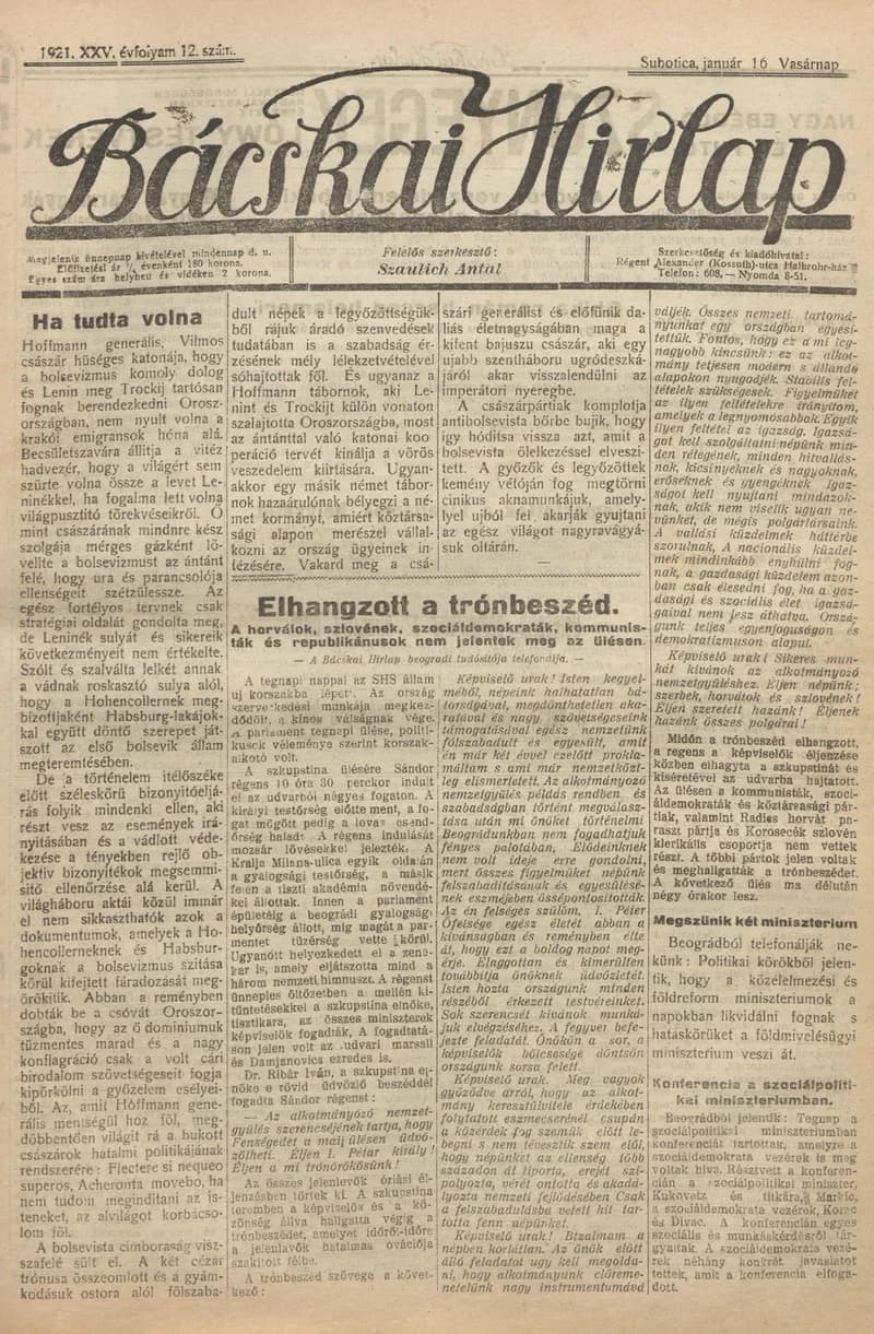 Bácskai Hirlap, 25. évf. 1921. január 16. 12. sz.