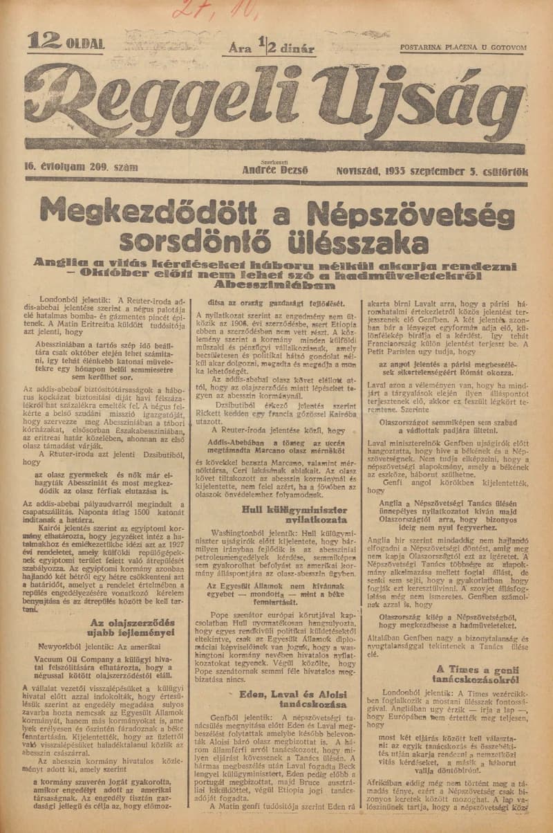 Reggeli Újság, 16. évf. 1935. szeptember 5. 209. sz.