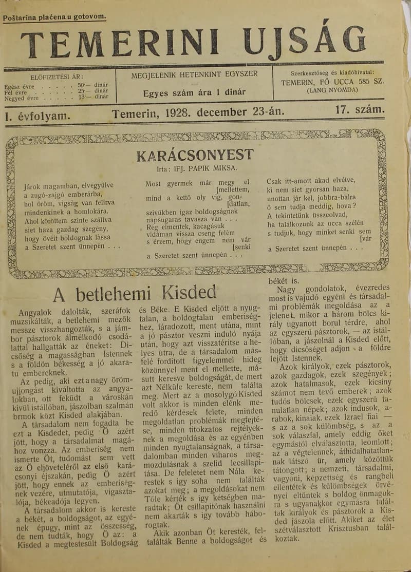 Temerini Újság 1928-1944, 1. évf. 1928. december 23. 17. sz.