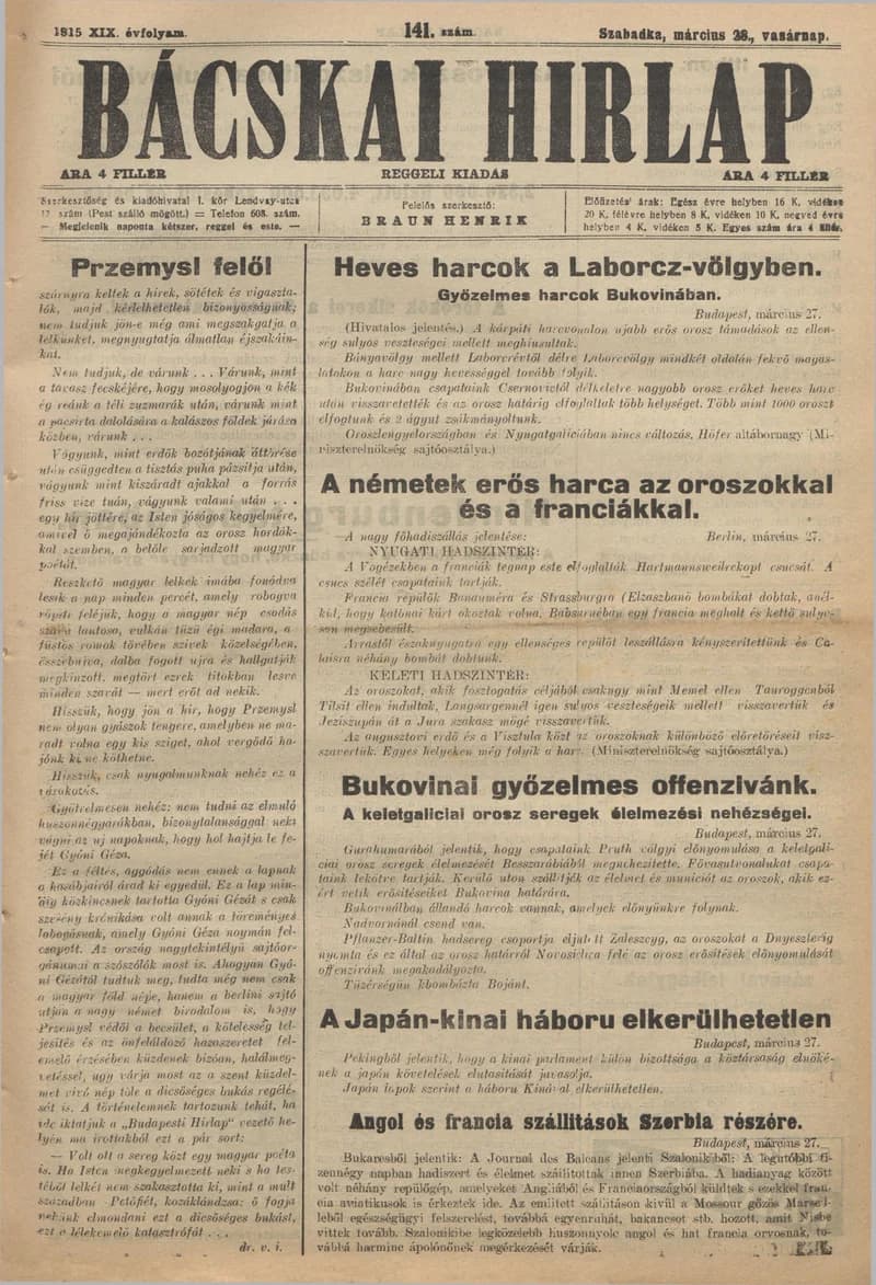Bácskai Hirlap, 19. évf. 1915. március 28. 141. sz.