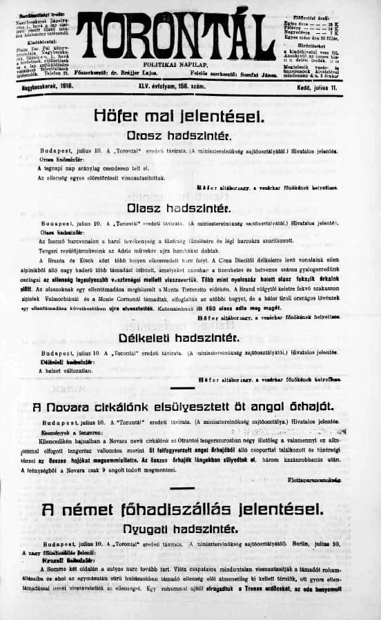 Torontál, 45. évf. 1916. július 11. 156. sz.