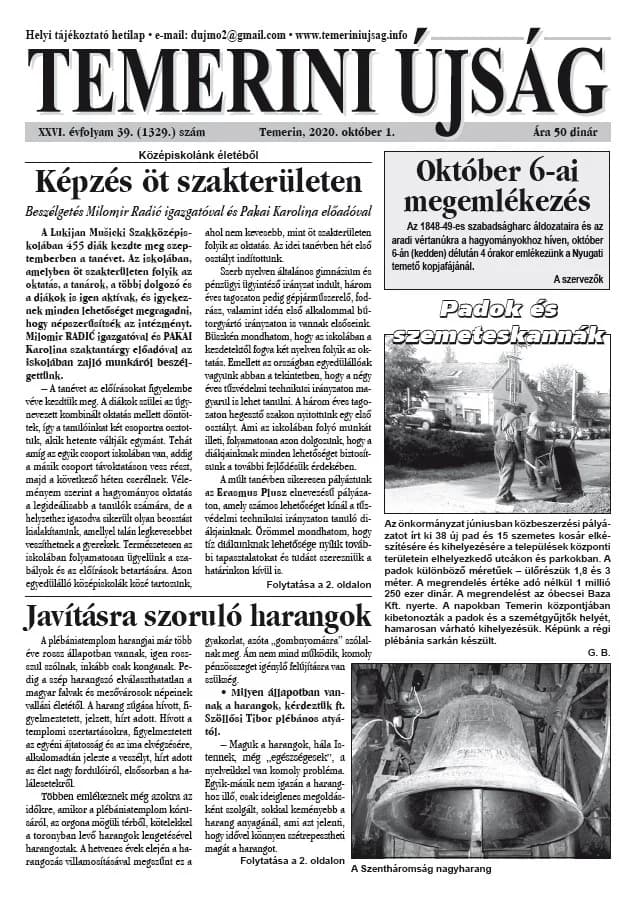 Temerini Újság, 26. évf. 2020. október 1. 39. sz.