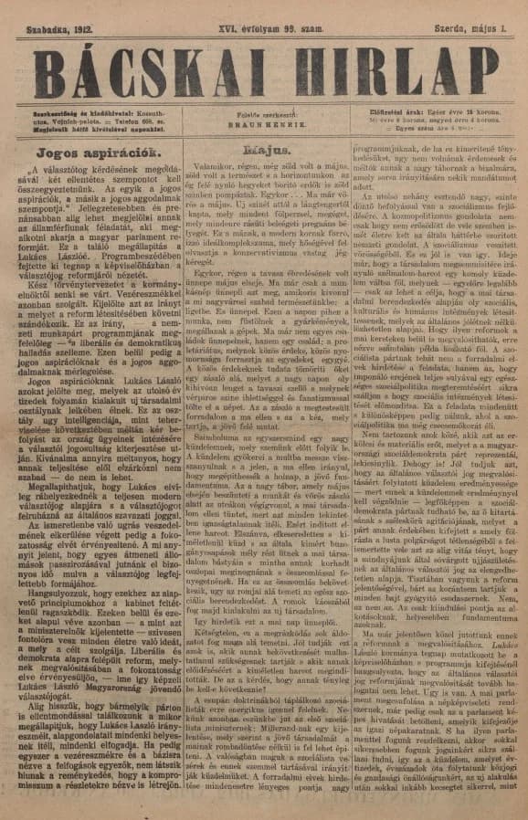 Bácskai Hirlap, 16. évf. 1912. május 1. 99. sz.