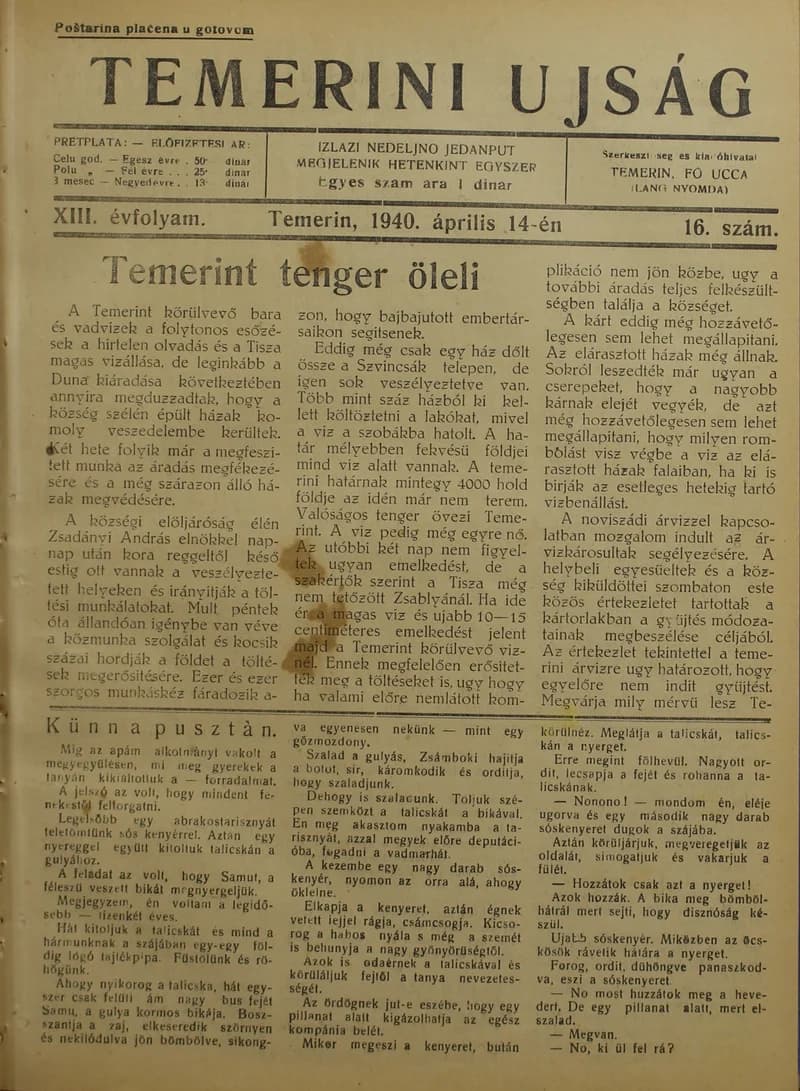 Temerini Újság 1928-1944, 13. évf. 1940. április 14. 16. sz.