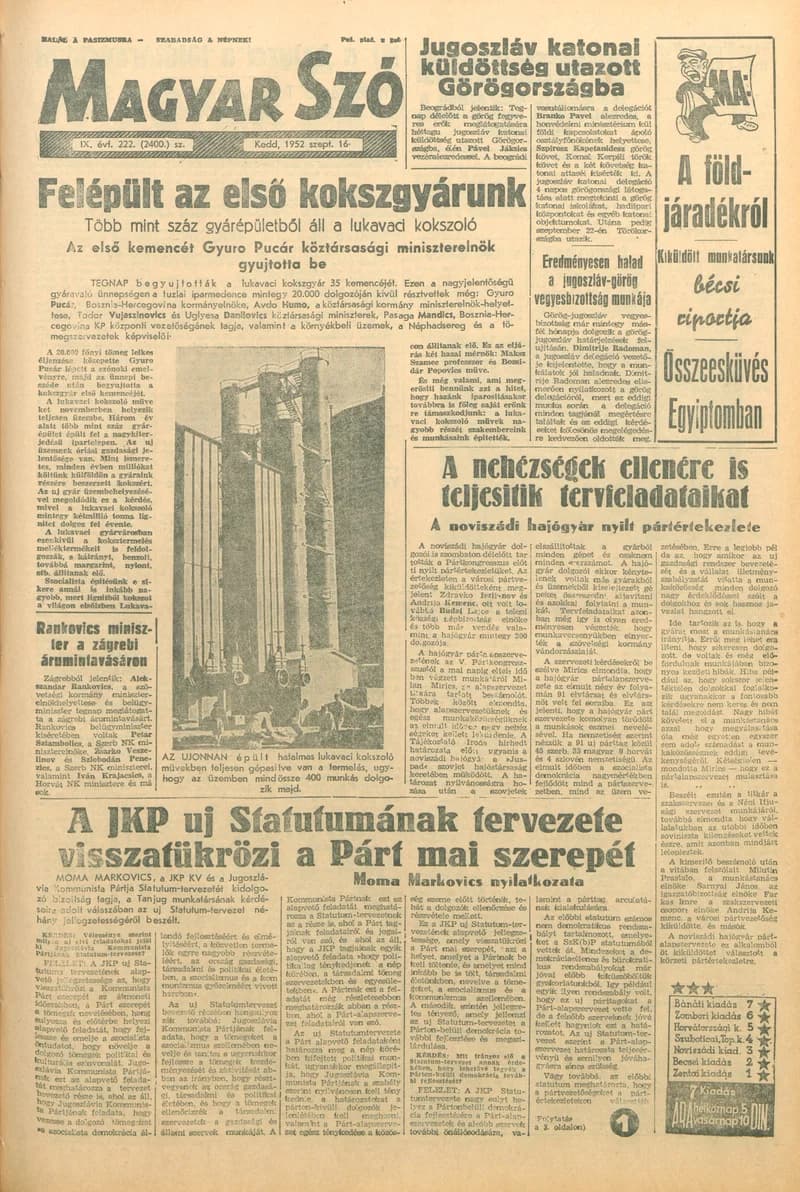 Magyar Szó, 9. évf. 1952. szeptember 16. 222. sz. 1–10. oldal