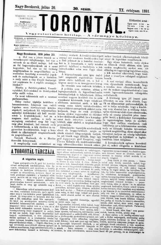 Torontál, 20. évf. 1891. július 26. 30. sz.