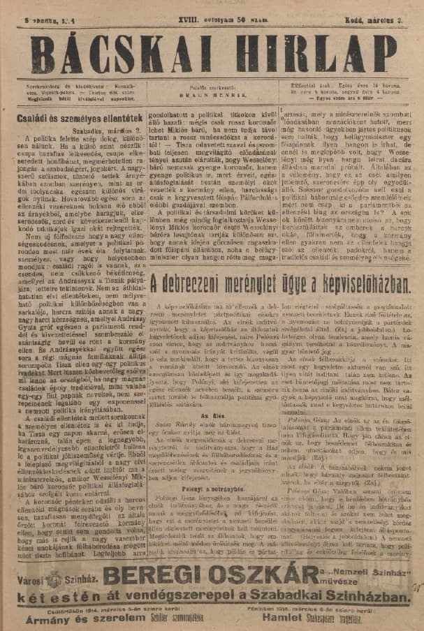 Bácskai Hirlap, 18. évf. 1914. március 3. 50. sz.