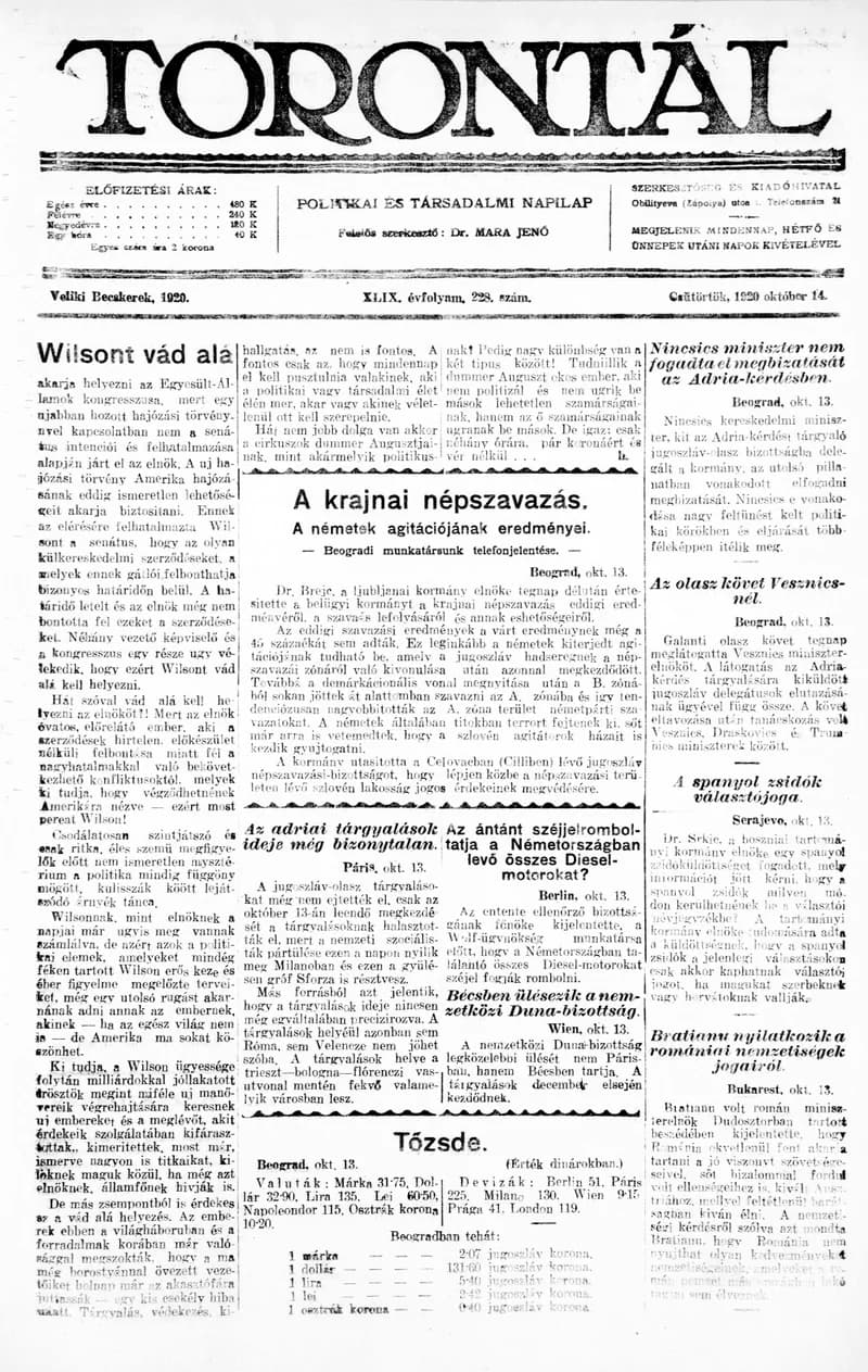 Torontál, 49. évf. 1920. október 14. 228. sz.