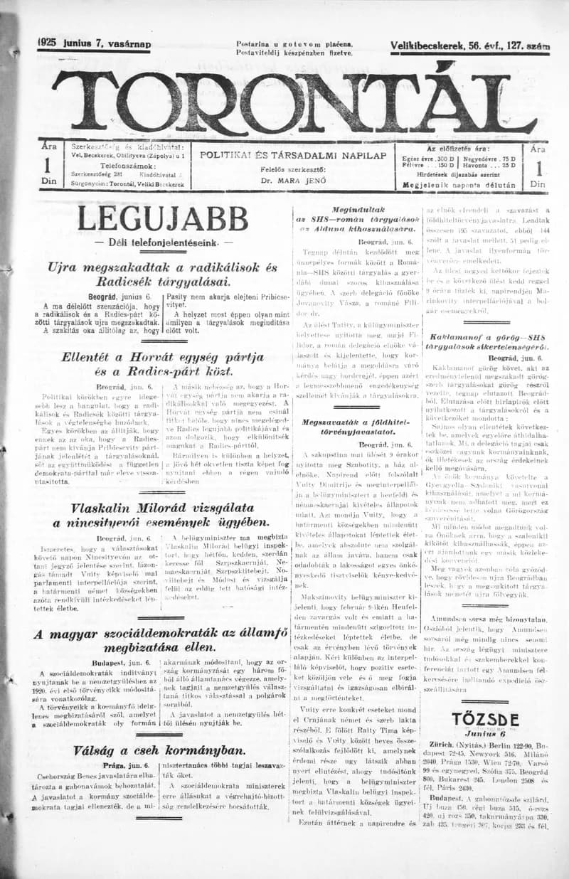 Torontál, 54. évf. 1925. június 7. 127. sz.