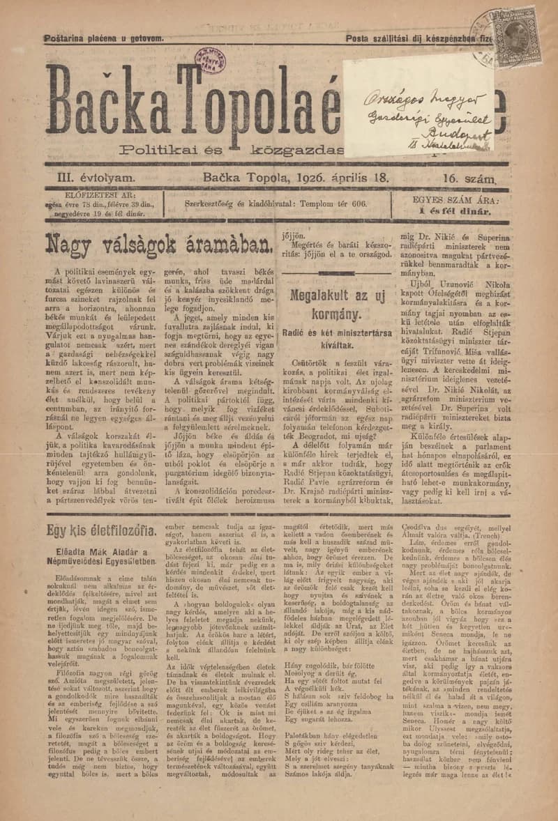 Bačka Topola és Vidéke, 3. évf. 1926. április 18. 16. sz.