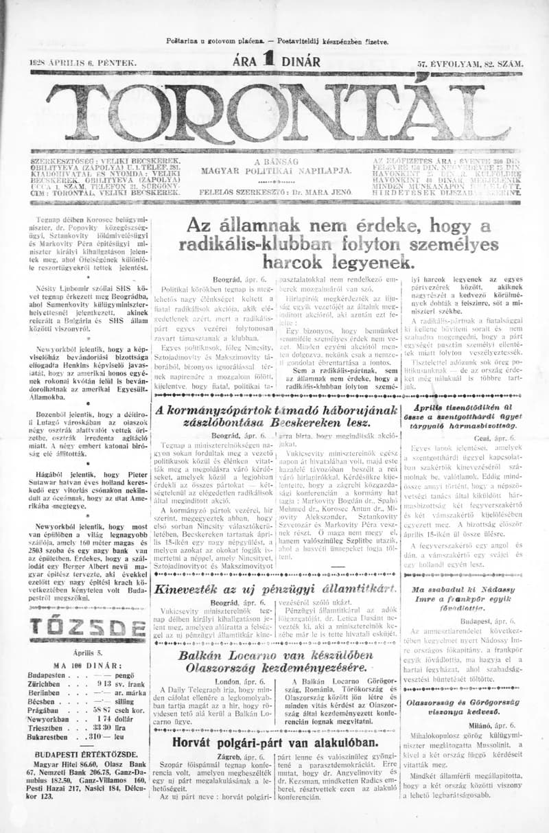 Torontál, 57. évf. 1928. április 6. 82. sz.