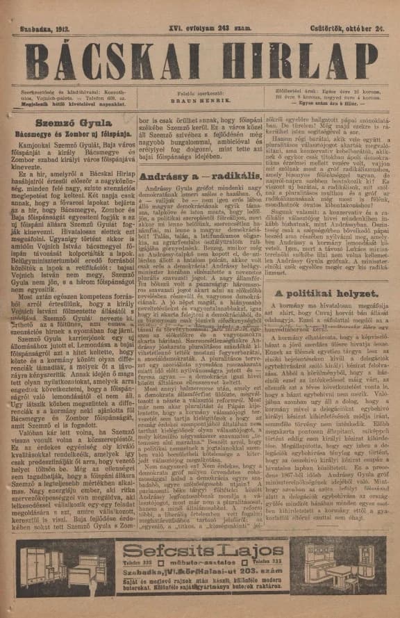 Bácskai Hirlap, 16. évf. 1912. október 24. 243. sz.
