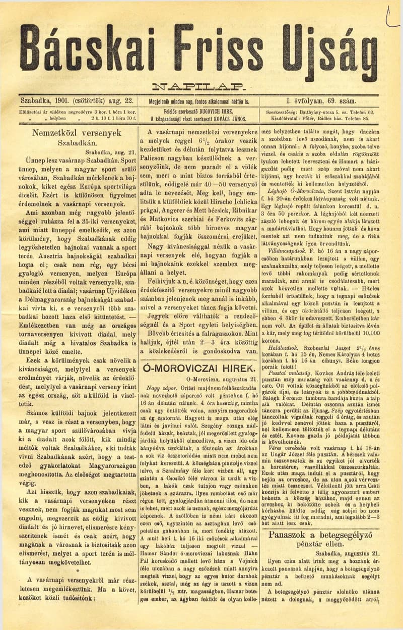 Bácskai Friss Ujság, 1. évf. 1901. augusztus 22. 69. sz.